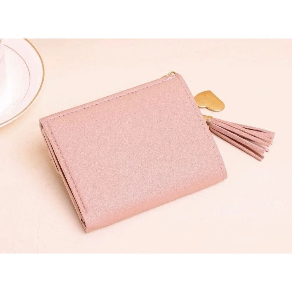 Womens Pink Trifold Wallet Faux Leather Card Holder Cash ID Heart Tassel